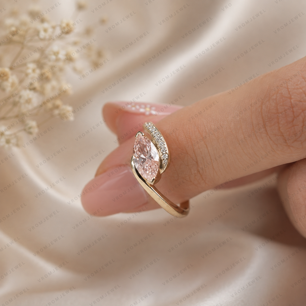 Pink Marquise Lab Grown Diamond Engagement Ring, Minimalist Crossover Ring, Pavé Diamond Band, Dainty Wedding Ring, 10K 14K 18K Gold