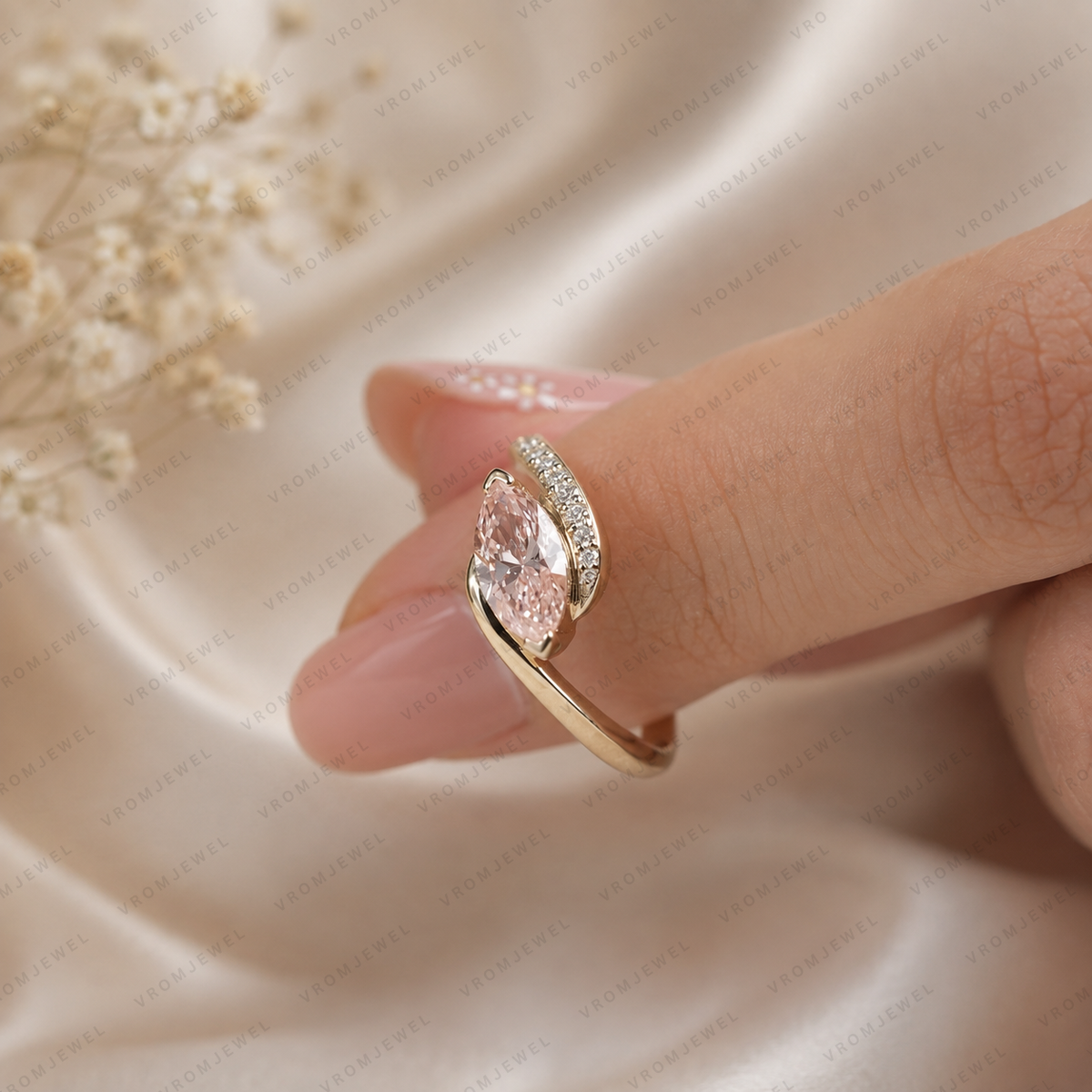 Pink Marquise Lab Grown Diamond Engagement Ring, Minimalist Crossover Ring, Pavé Diamond Band, Dainty Wedding Ring, 10K 14K 18K Gold