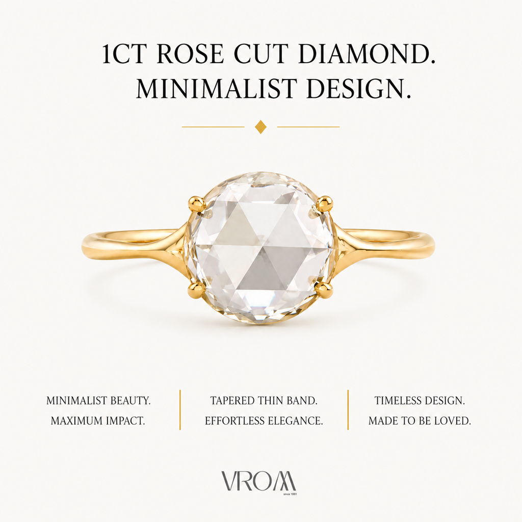 Rose Cut Lab Grown Diamond Minimalist Ring | 1 CT | Tapered Thin Band | Elegant Solitaire Ring | 14k Solid Gold