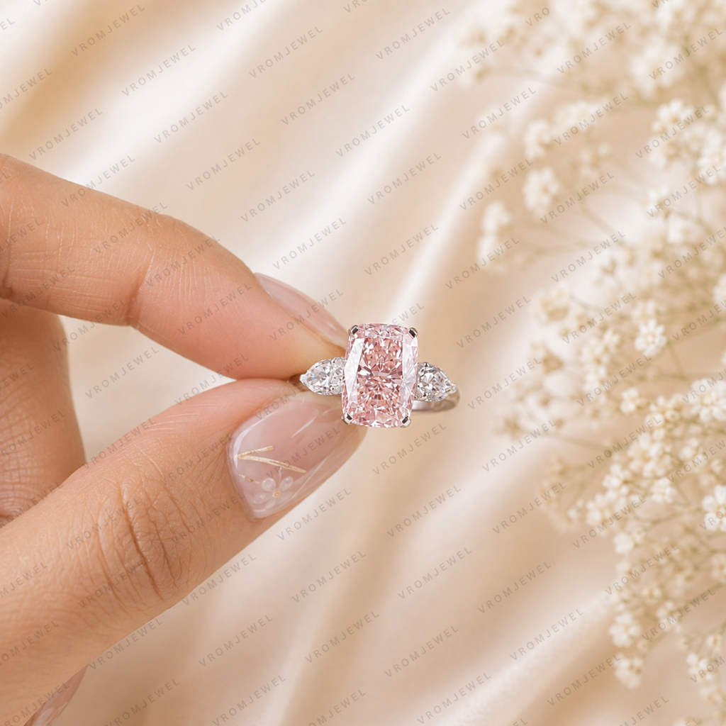 Pink Cushion Cut Lab Grown Diamond Engagement Ring, Vintage Inspired Diamond Ring, Pavé Halo Ring, 10K 14K 18K Gold