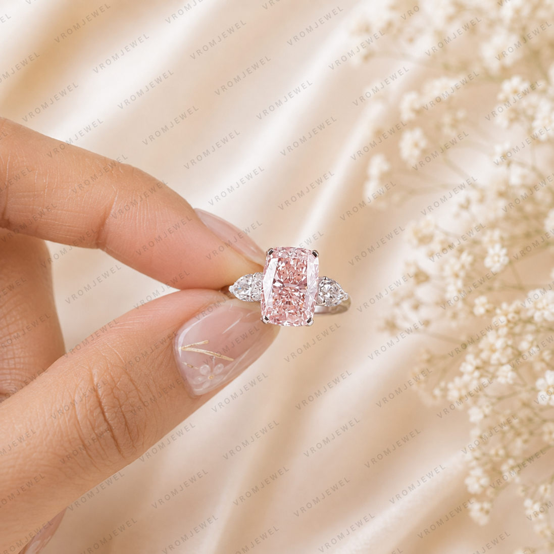 Pink Cushion Cut Lab Grown Diamond Engagement Ring, Vintage Inspired Diamond Ring, Pavé Halo Ring, 10K 14K 18K Gold