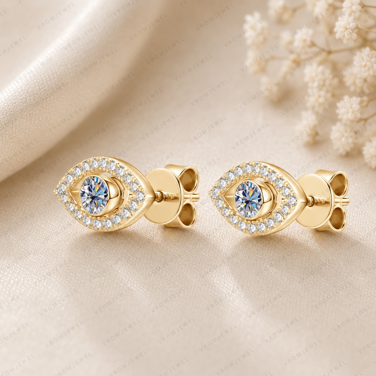 Evil Eye Lab Grown Diamond Stud Earrings, Eye Shape Diamond Earrings, Solid Gold Evil Eye Studs, Minimalist Diamond Earrings, Gift For Her
