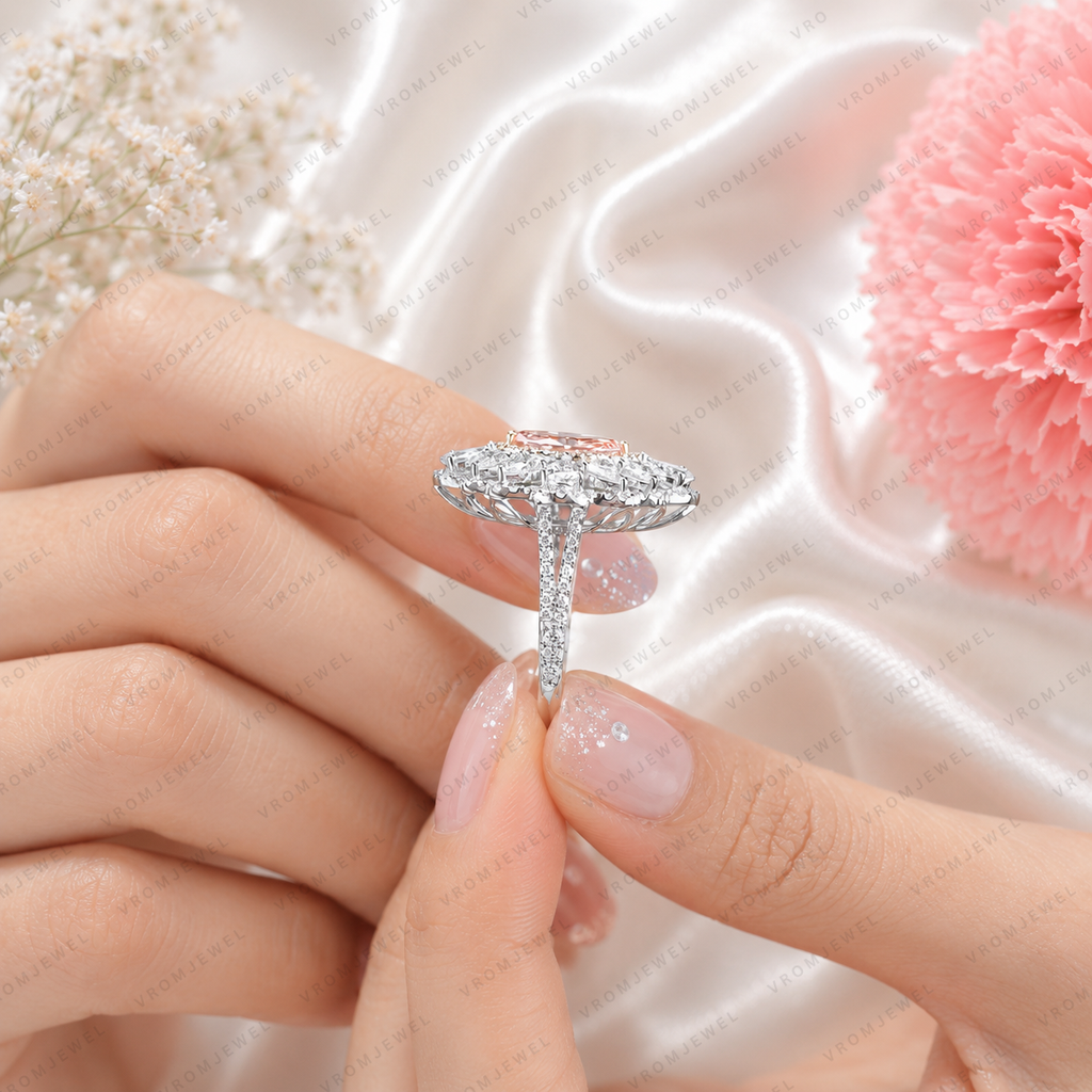 Pink Marquise Lab Grown Diamond Engagement Ring, Floral Halo Ring, Pear Shape Diamond Accents, Pink Diamond Ring, 10K 14K 18K Gold