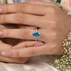 Blue Pear Shape Lab Grown Diamond Ring, 3 Carat Blue Diamond Engagement Ring, Pear Cut Halo Ring, Pavé Diamond Band, Blue Bridal Ring