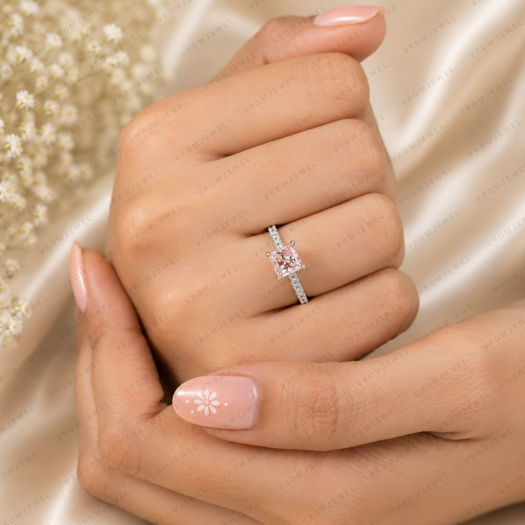 Pink Princess Cut Lab Grown Diamond Engagement Ring, Pavé Diamond Band, Minimalist Pink Diamond Ring, Elegant Bridal Ring, 10K 14K 18K Gold