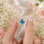 Blue Oval Lab Grown Diamond Ring, 2 Carat Blue Diamond Engagement Ring, Oval Cut Halo Ring, Pavé Diamond Halo, Classic Bridal Ring