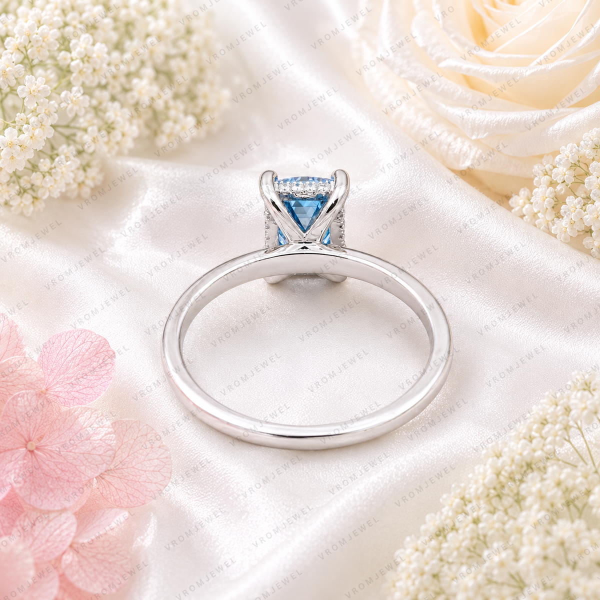 Blue Emerald Cut Lab Grown Diamond Ring, 1.50 Carat Blue Diamond Engagement Ring, Emerald Cut Solitaire Ring, Diamond Accent Setting