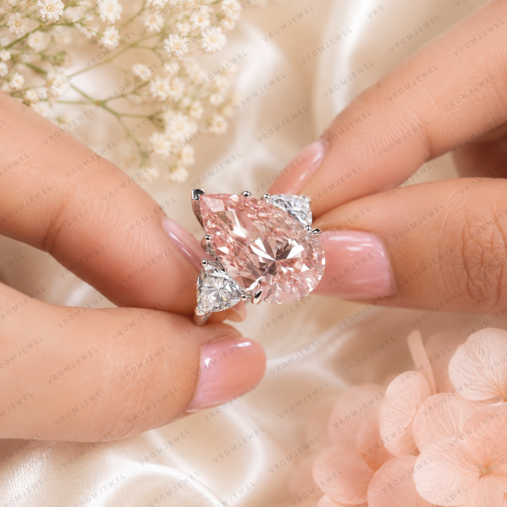 10 Carat Pink Pear Lab Grown Diamond Engagement Ring, Triangle Diamond Accents, Pink Pear Shape Ring, Statement Bridal Ring