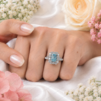Blue Radiant Cut Lab Grown Diamond Ring, 2 Carat Blue Diamond Engagement Ring, Halo Ring, Baguette Side Stones, Statement Ring, 10K 14K 18K