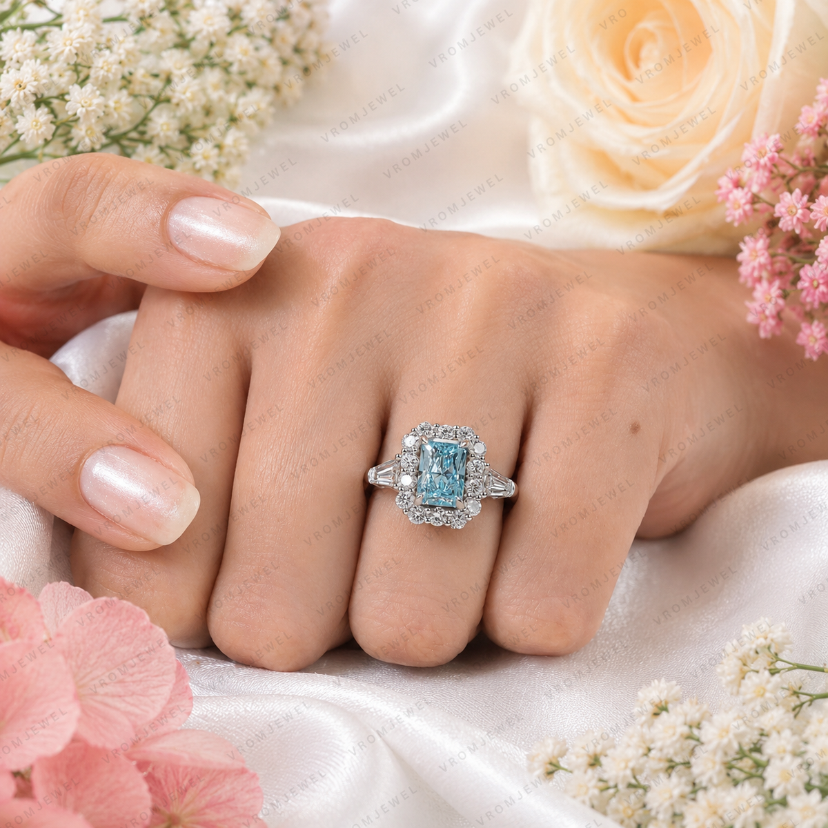 Blue Radiant Cut Lab Grown Diamond Ring, 2 Carat Blue Diamond Engagement Ring, Halo Ring, Baguette Side Stones, Statement Ring, 10K 14K 18K