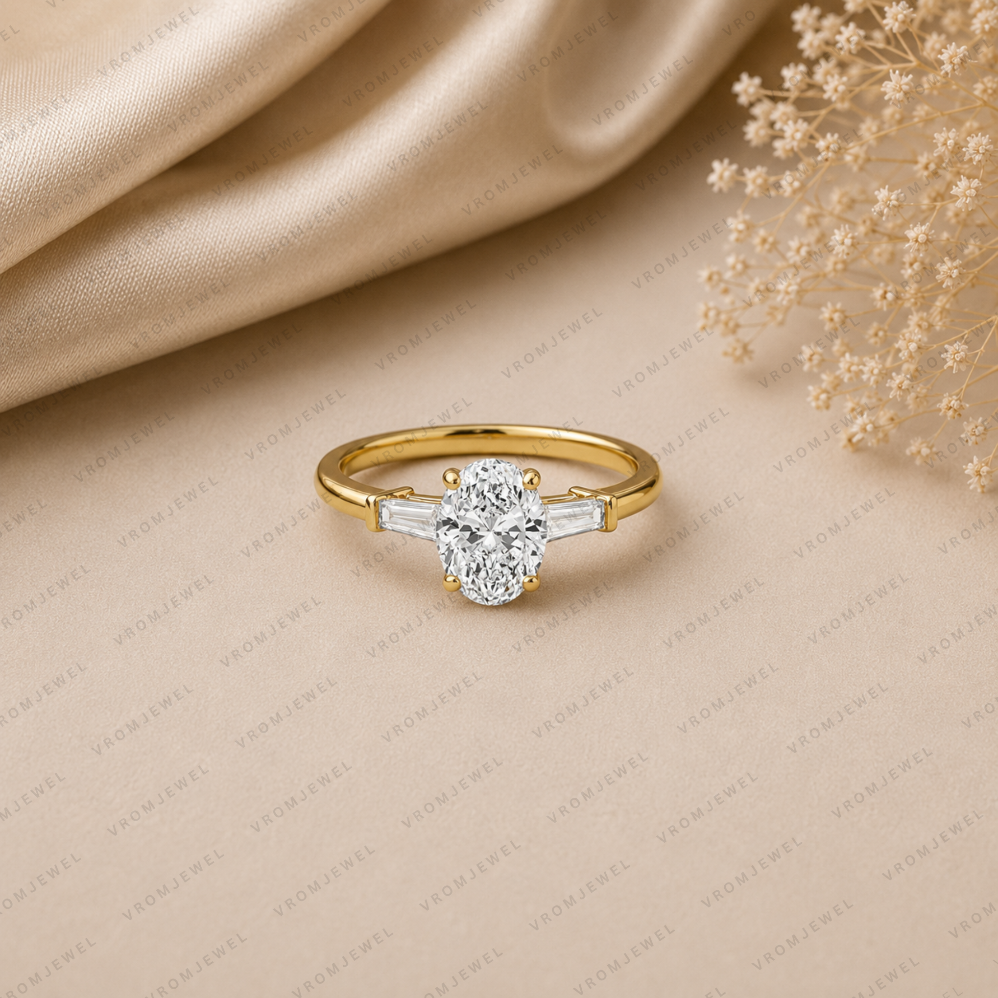 Oval Engagement Ring | Lab Grown Diamond | Tapered Baguette Side Stones | 14K Yellow Gold