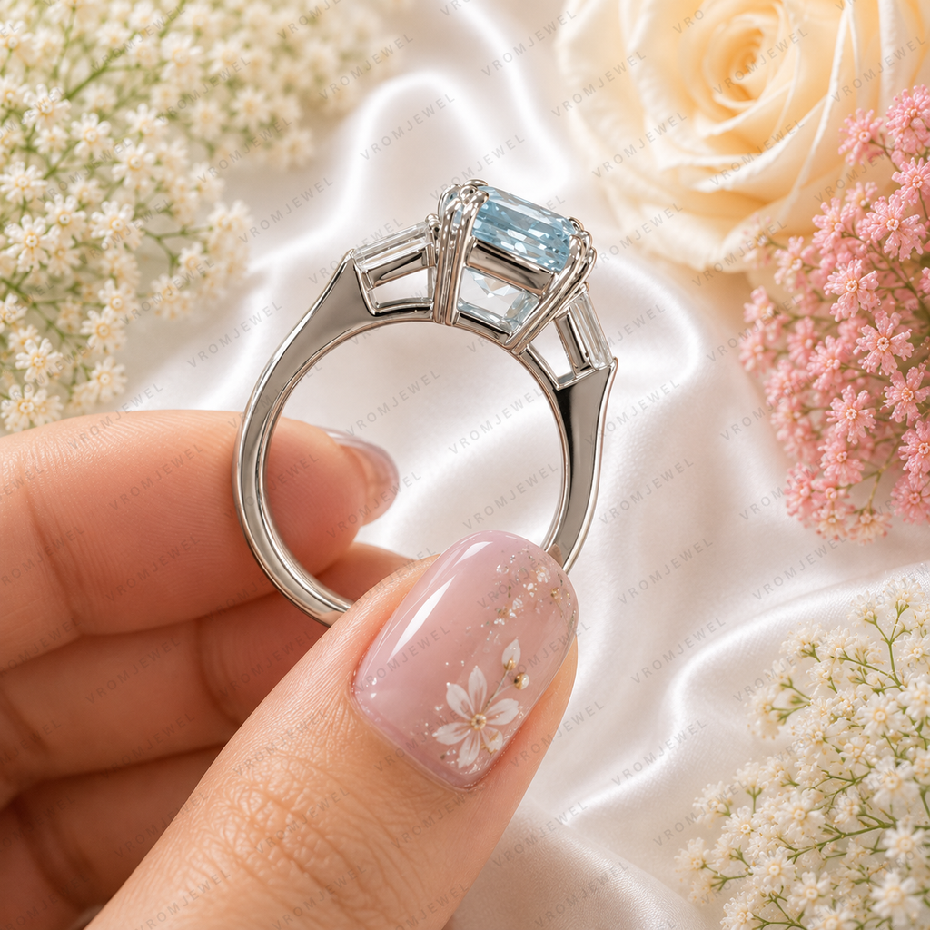 Blue Cushion Cut Lab Grown Diamond Ring, 3 Carat Blue Diamond Engagement Ring, Baguette Side Stones, Statement Ring, Pavé Band, 10K 14K 18K