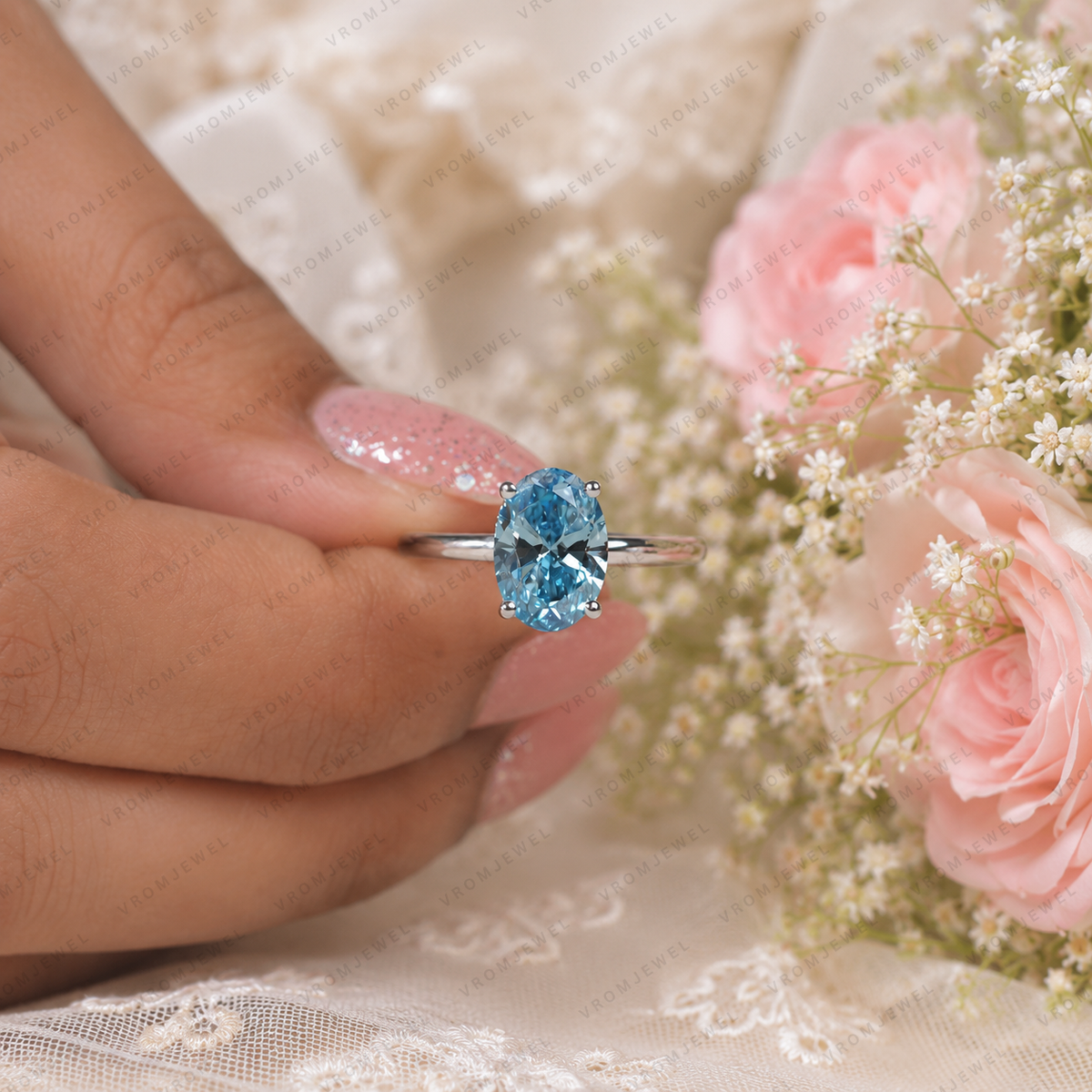 Blue Oval Lab Grown Diamond Engagement Ring, 2 Carat Blue Diamond Ring, Oval Solitaire Engagement Ring, Minimalist Blue Ring, 10K 14K 18K
