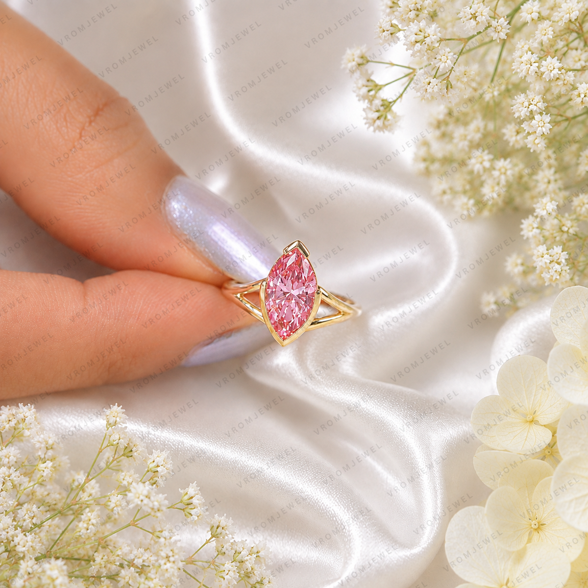 1.50 Ct Marquise Pink Lab Grown Diamond Ring, Pink Diamond Engagement Ring, Modern Marquise Solitaire Ring, Unique Gold Bridal Ring