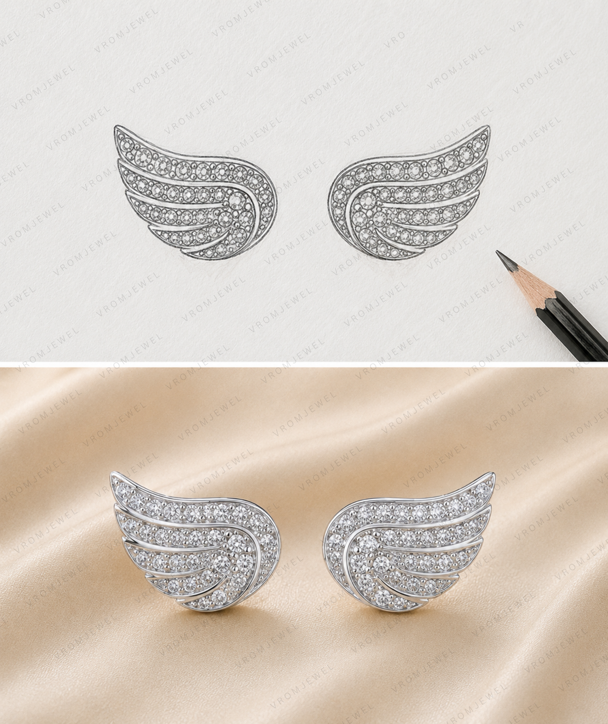 Angel Wings Stud Earrings, Lab Grown Diamond Wing Earrings, Guardian Angel Earrings, Solid Gold Stud Earrings, Minimalist Diamond Earrings
