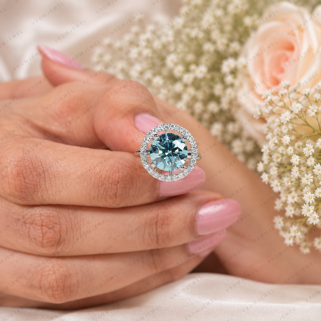 Blue Round Lab Grown Diamond Ring, 5 Carat Blue Diamond Engagement Ring, Round Cut Halo Ring, Pavé Diamond Halo, Unique Statement Ring