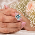 Blue Round Lab Grown Diamond Ring, 5 Carat Blue Diamond Engagement Ring, Round Cut Halo Ring, Pavé Diamond Halo, Unique Statement Ring