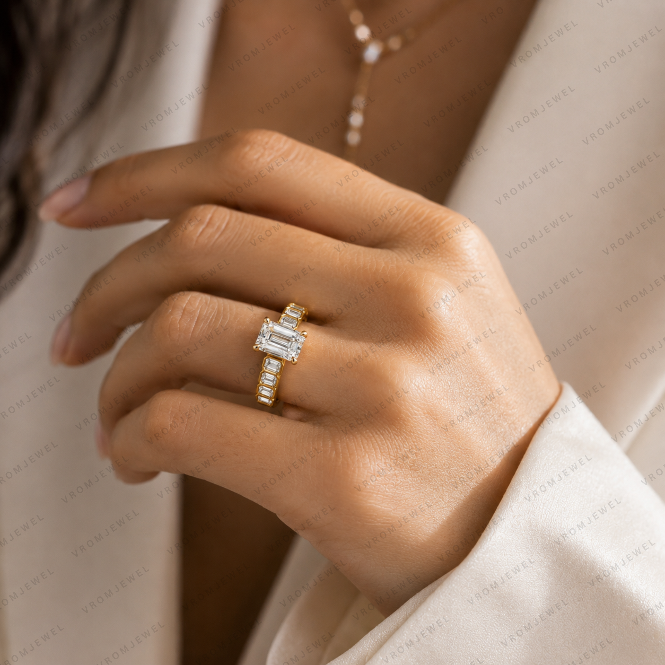 Emerald Cut Lab Grown Diamond Bridal Engagement Ring in Solid 14K Gold