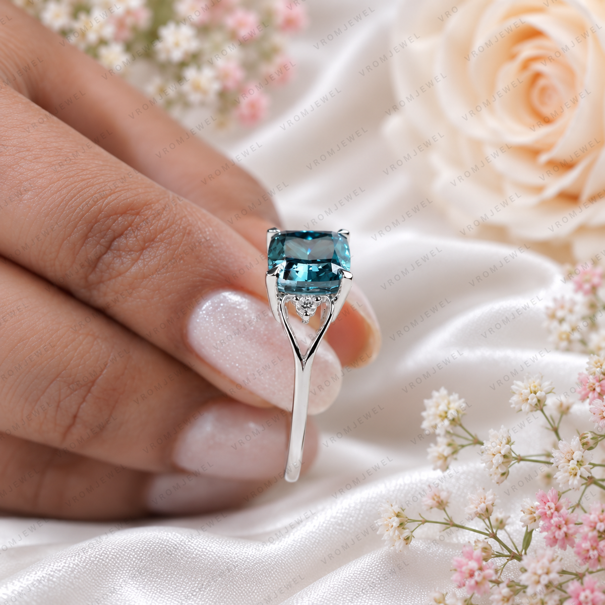 Blue Cushion Cut Lab Grown Diamond Ring, 3 Carat Blue Diamond Engagement Ring, Round Diamond Accents, Unique Statement Ring, 10K 14K 18KGold