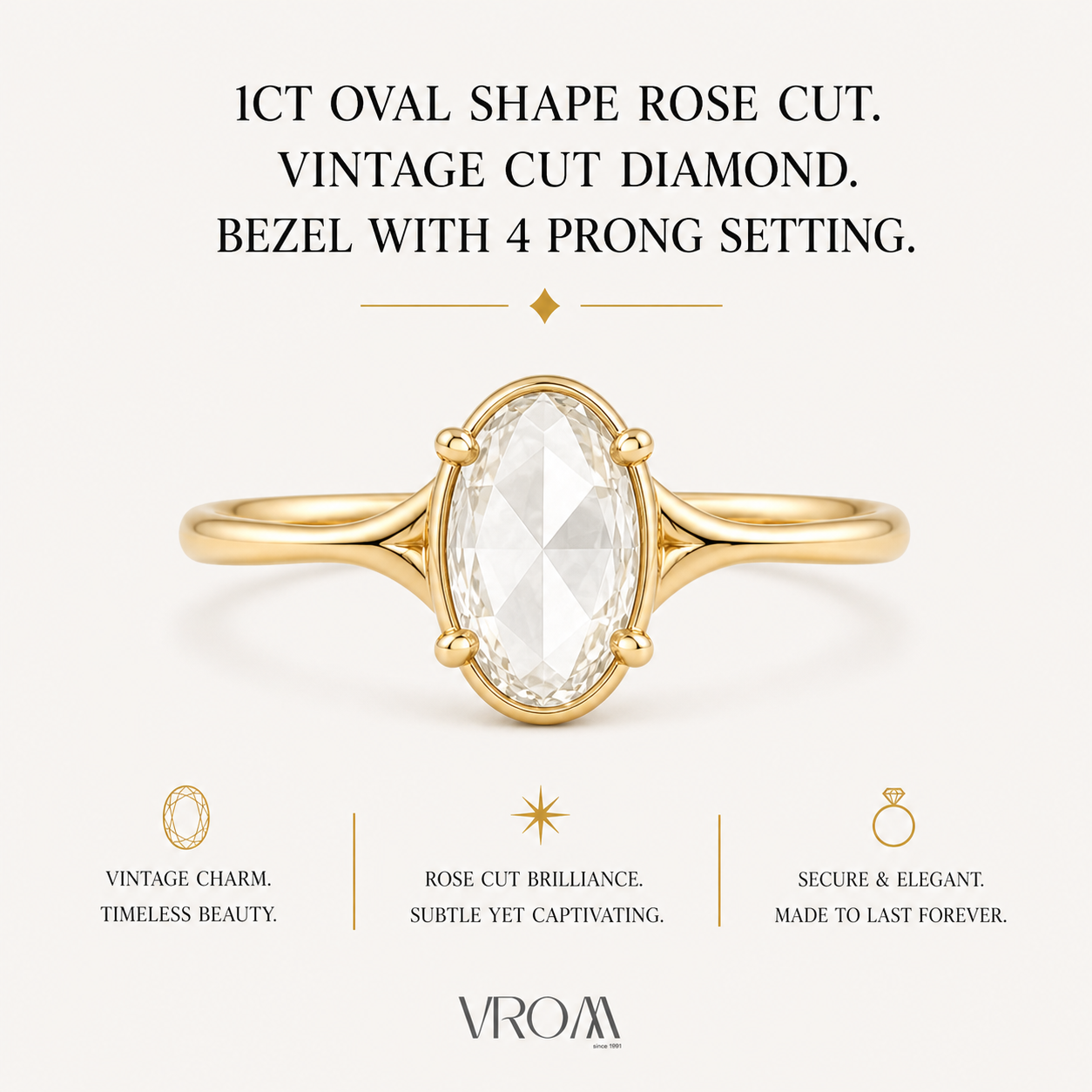 Oval Rose Cut Lab Grown Diamond Ring | 1 CT | Bezel with 4 Prong Setting | Vintage Style Engagement Ring | 14K Gold