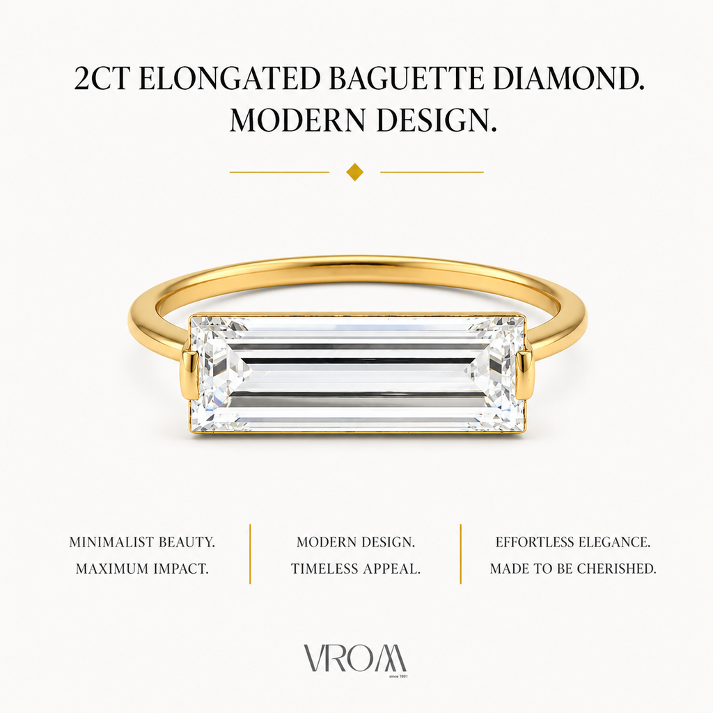 Elongated Baguette Lab Grown Diamond Ring | 2 CT | East West Setting | 14K Gold Minimalist Ring