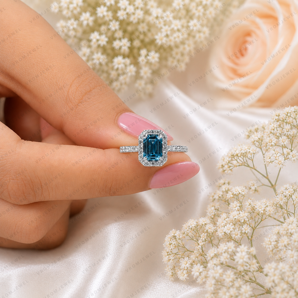 Blue Emerald Cut Lab Grown Diamond Ring, 1.50 Carat Blue Diamond Engagement Ring, Emerald Cut Halo Ring, Round Diamond Accents, Pavé Band