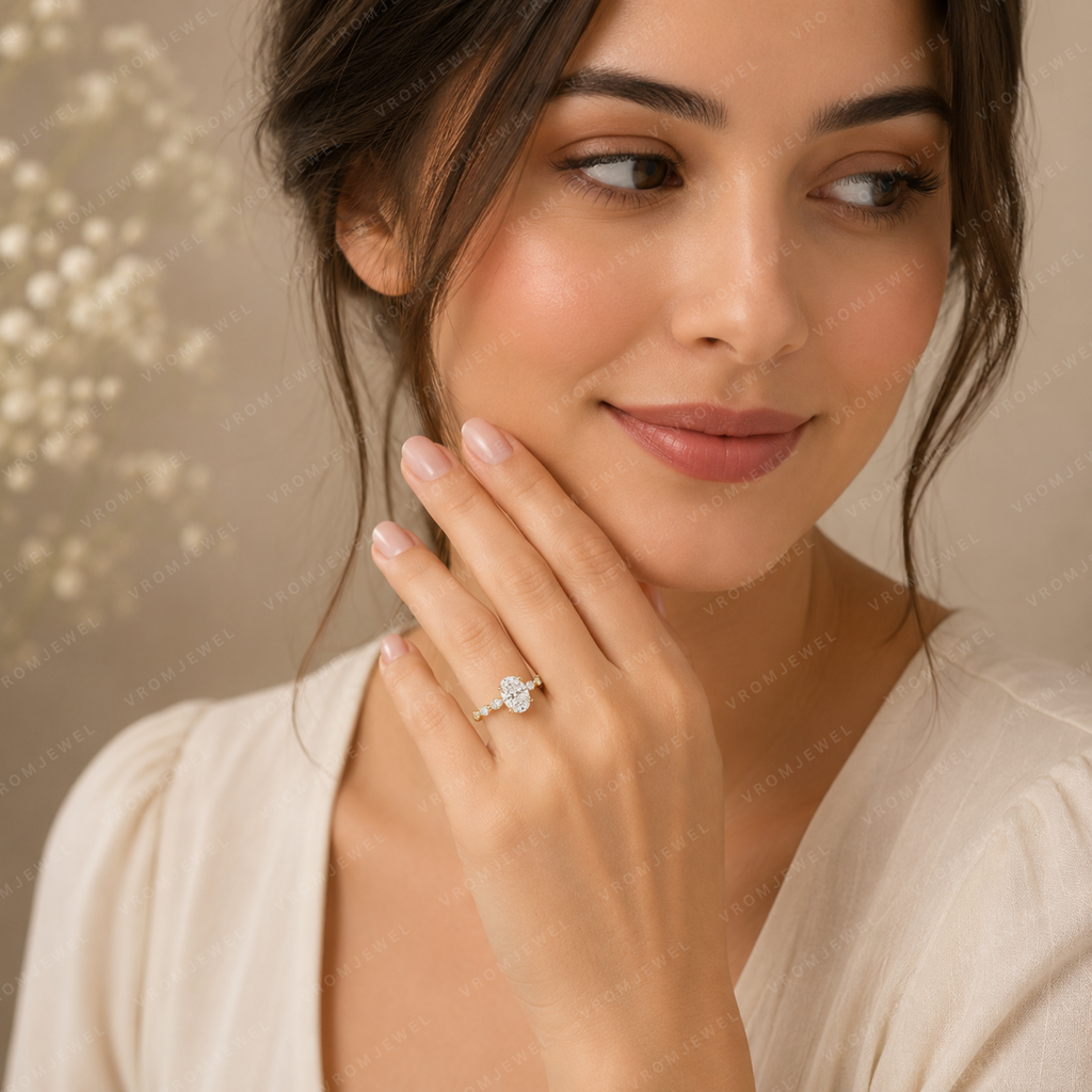Oval Lab Grown Diamond Engagement Ring with Marquise & Round Halo in Solid 14K Gold