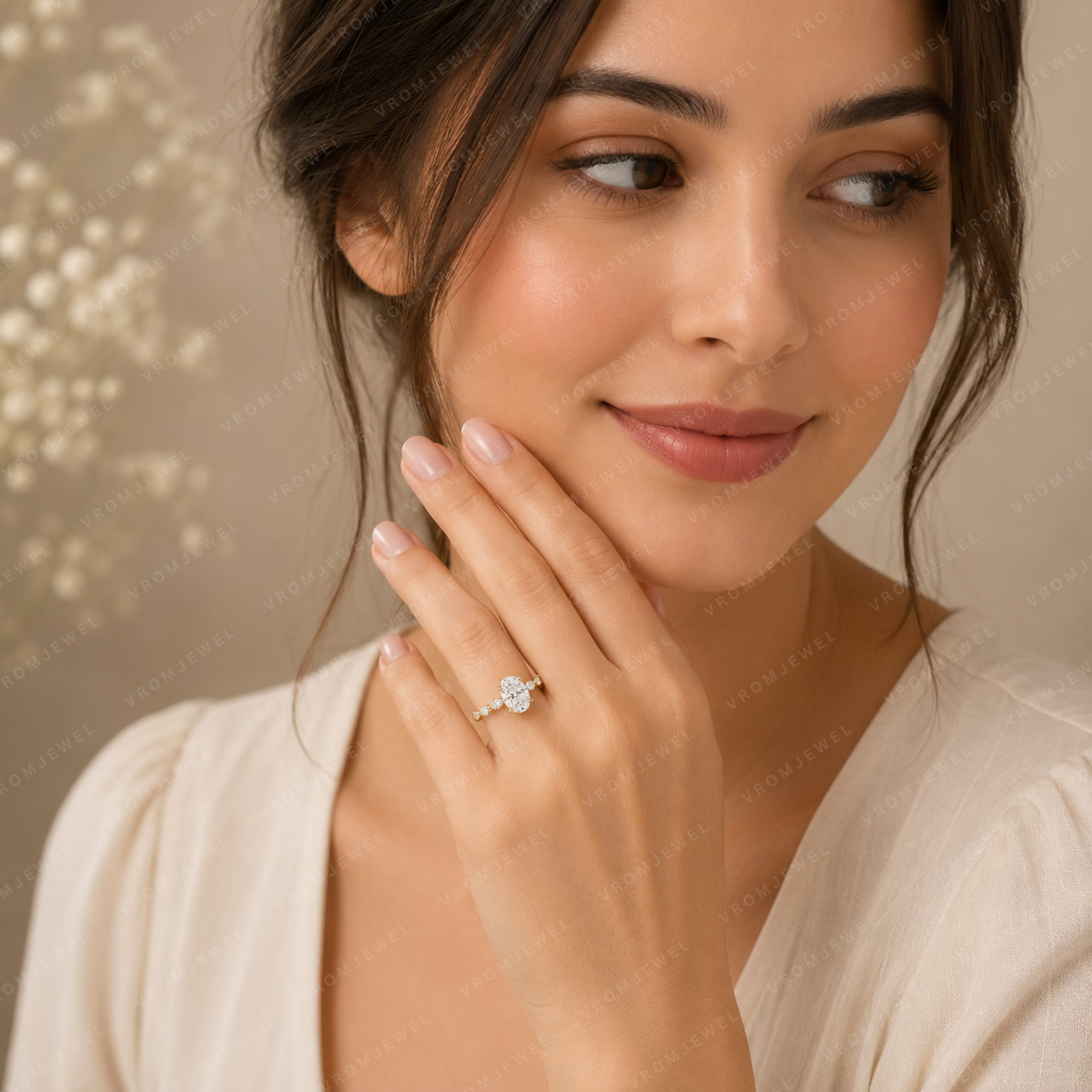 Oval Lab Grown Diamond Engagement Ring with Marquise & Round Halo in Solid 14K Gold