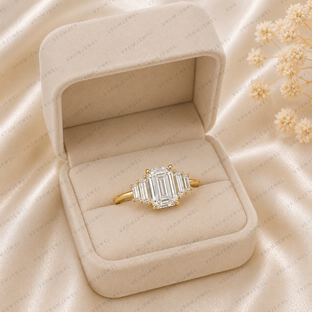 Emerald Cut Lab Grown Diamond Engagement Ring | 14K Gold Baguette Bar Ring