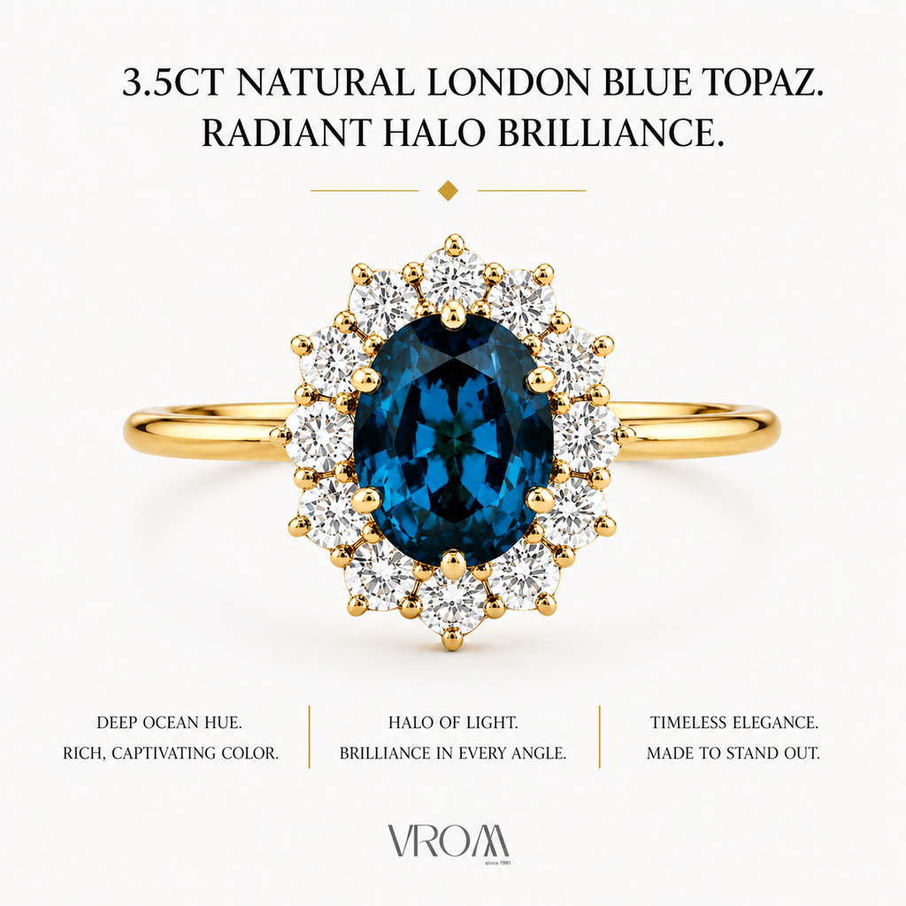 London Blue Topaz Halo Ring | 3.5 CT Oval Gemstone | Lab Grown Diamond Halo | Vintage Style Engagement Ring | 14K Gold