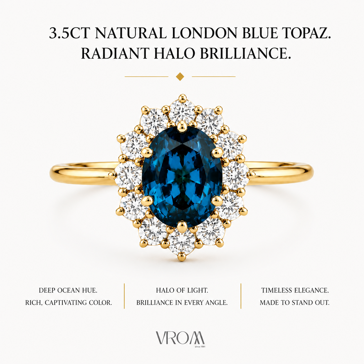 London Blue Topaz Halo Ring | 3.5 CT Oval Gemstone | Lab Grown Diamond Halo | Vintage Style Engagement Ring | 14K Gold