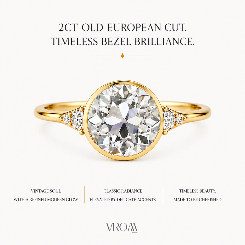 Old European Cut Lab Grown Diamond Ring | 2 CT | Vintage Style with Side Accents | Bezel Engagement Ring | 14K Gold