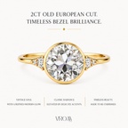 Old European Cut Lab Grown Diamond Ring | 2 CT | Vintage Style with Side Accents | Bezel Engagement Ring | 14K Gold