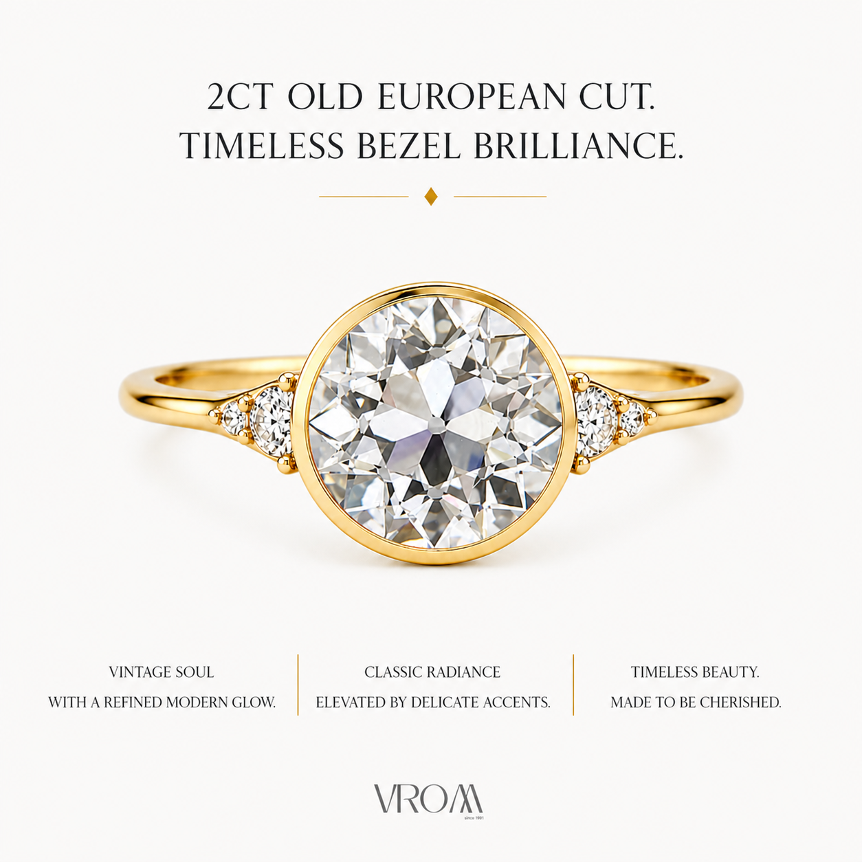 Old European Cut Lab Grown Diamond Ring | 2 CT | Vintage Style with Side Accents | Bezel Engagement Ring | 14K Gold