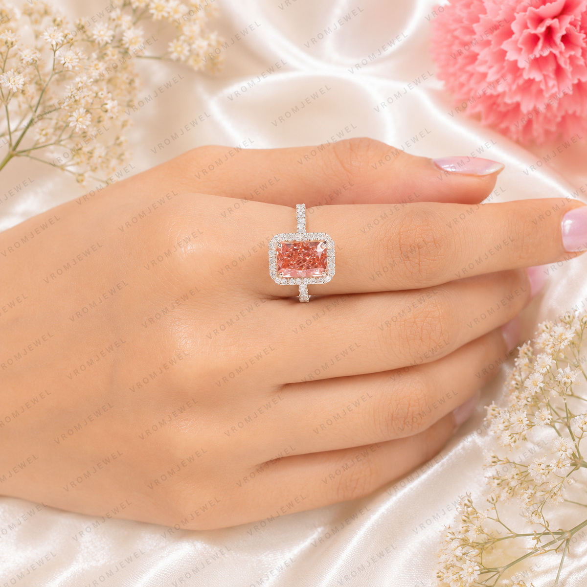 Pink Radiant Cut Lab Grown Diamond Engagement Ring, Halo Diamond Ring, Pink Diamond Ring, Pavé Band, 4 Prong Setting, 10K 14K 18K Gold