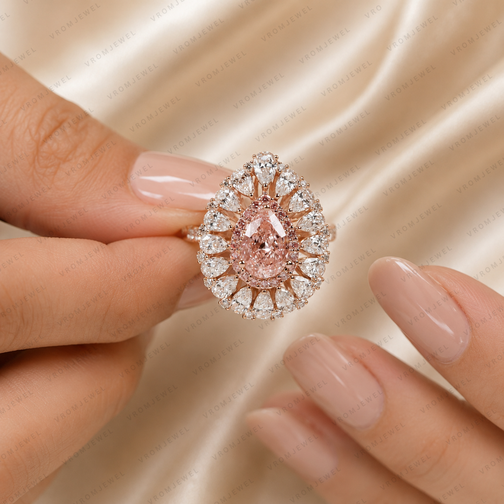 Pink Pear Shape Lab Grown Diamond Engagement Ring, Floral Halo Diamond Ring, Pink Diamond Ring, Pavé Band, 10K 14K 18K Gold