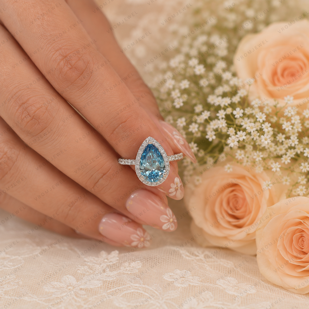Blue Pear Shape Lab Grown Diamond Ring, 3 Carat Blue Diamond Engagement Ring, Pear Cut Halo Ring, Pavé Diamond Band, Blue Bridal Ring