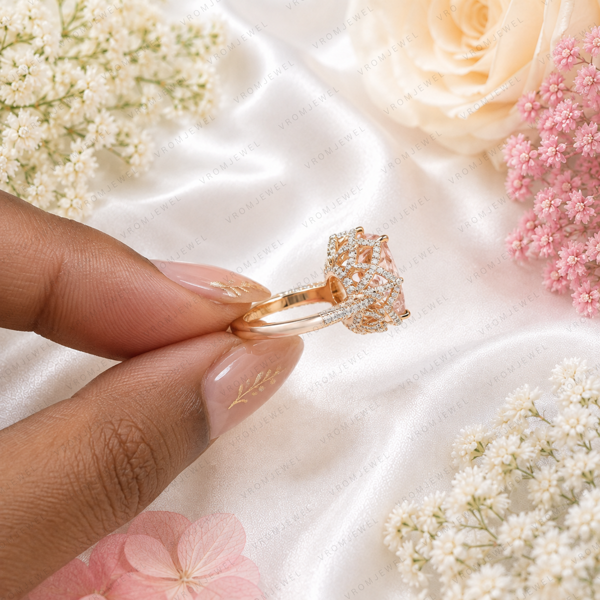 Pink Radiant Lab Grown Diamond Halo Engagement Ring, Pavé Diamond Band, Pink Diamond Ring, 10K 14K 18K Gold