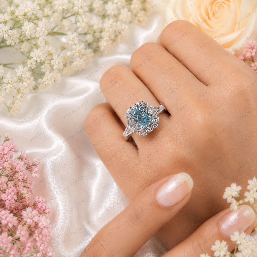 Blue Radiant Cut Lab Grown Diamond Ring, 2 Carat Blue Diamond Engagement Ring, Halo Ring, Baguette Side Stones, Statement Ring, 10K 14K 18K