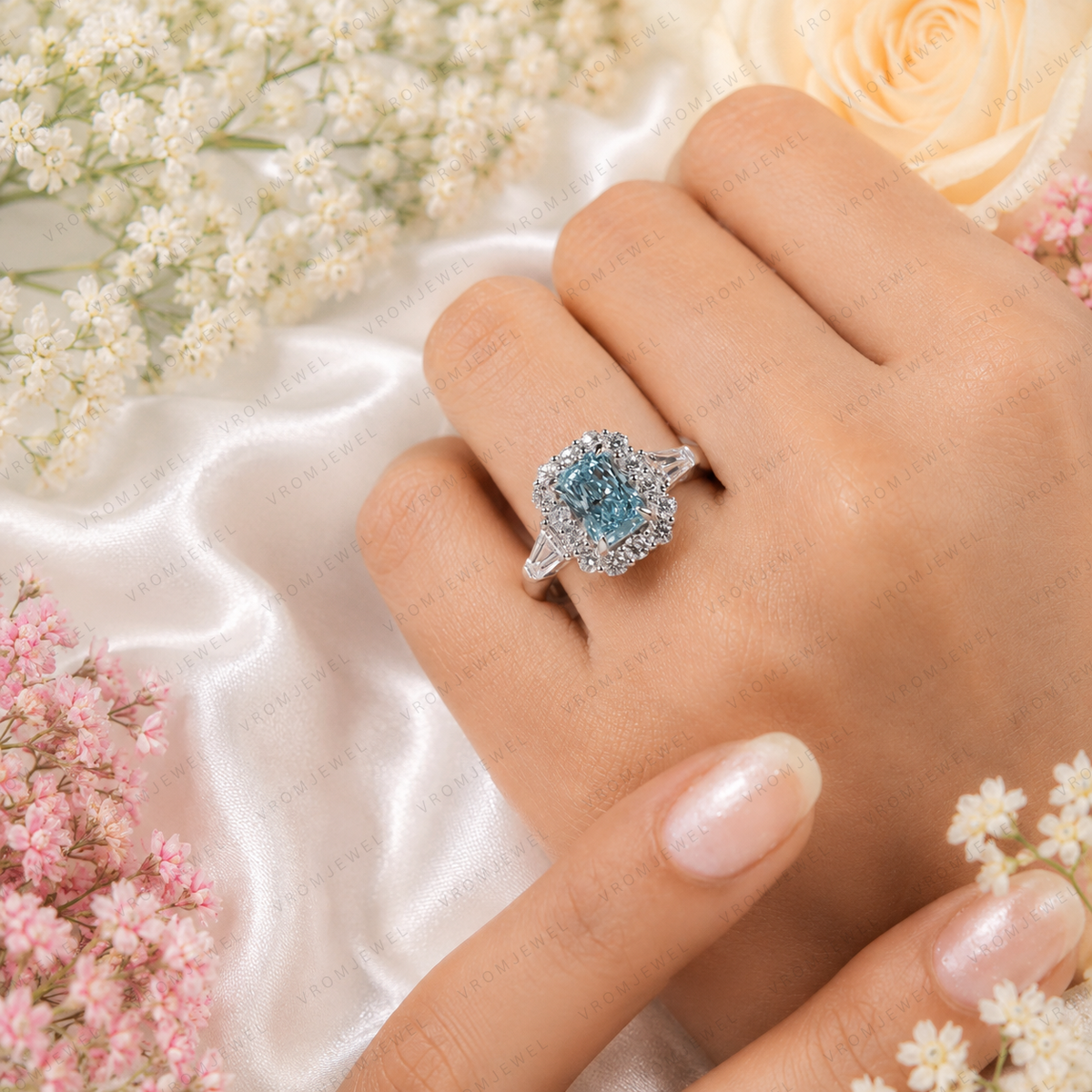 Blue Radiant Cut Lab Grown Diamond Ring, 2 Carat Blue Diamond Engagement Ring, Halo Ring, Baguette Side Stones, Statement Ring, 10K 14K 18K
