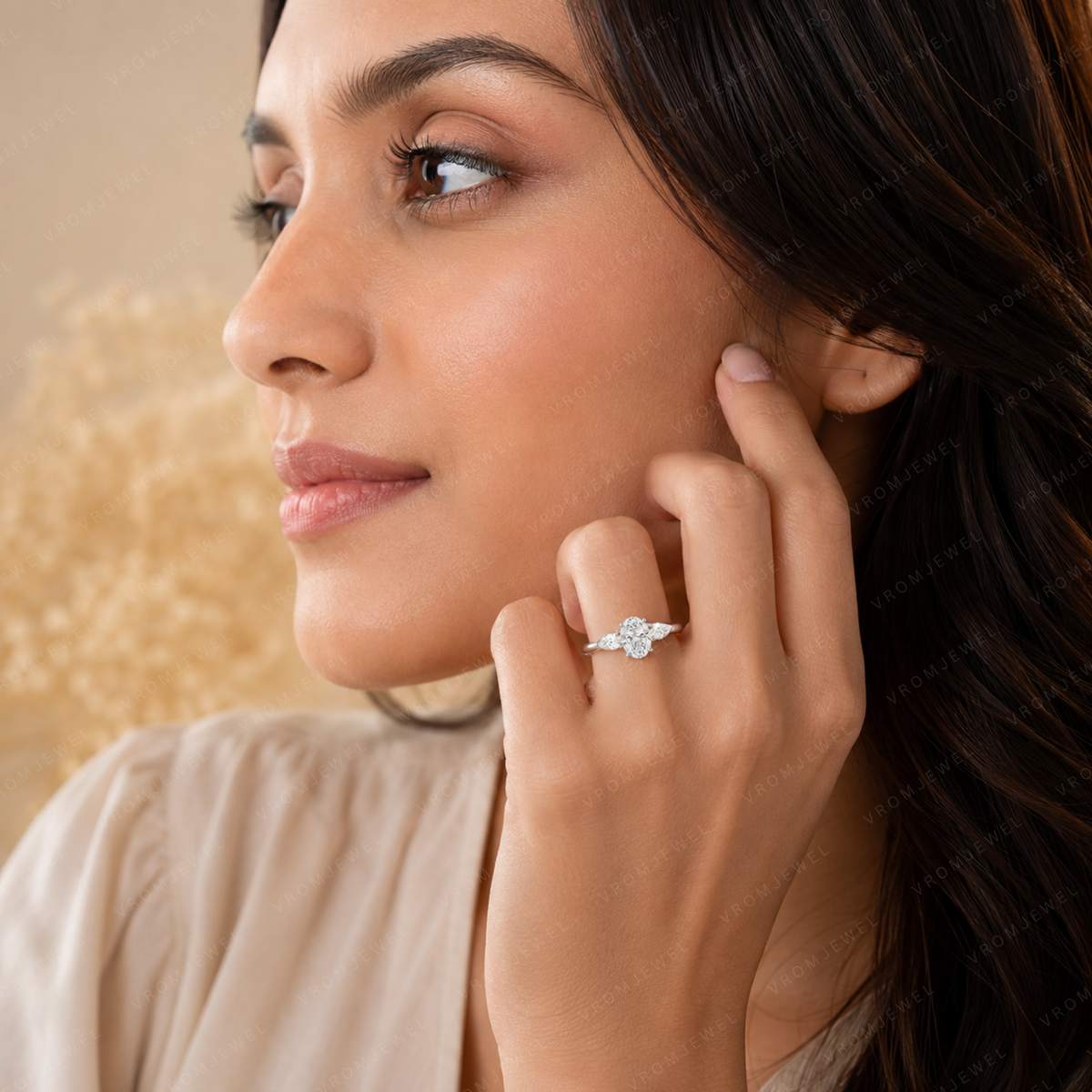 Oval Engagement Ring | Lab Grown Diamond | Pear Side Stones | Prong Set | 14K Yellow Gold