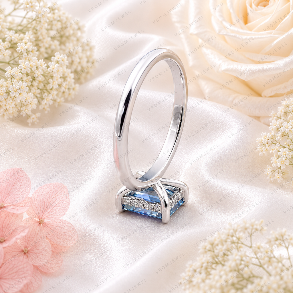 Blue Emerald Cut Lab Grown Diamond Ring, 1.50 Carat Blue Diamond Engagement Ring, Emerald Cut Solitaire Ring, Diamond Accent Setting