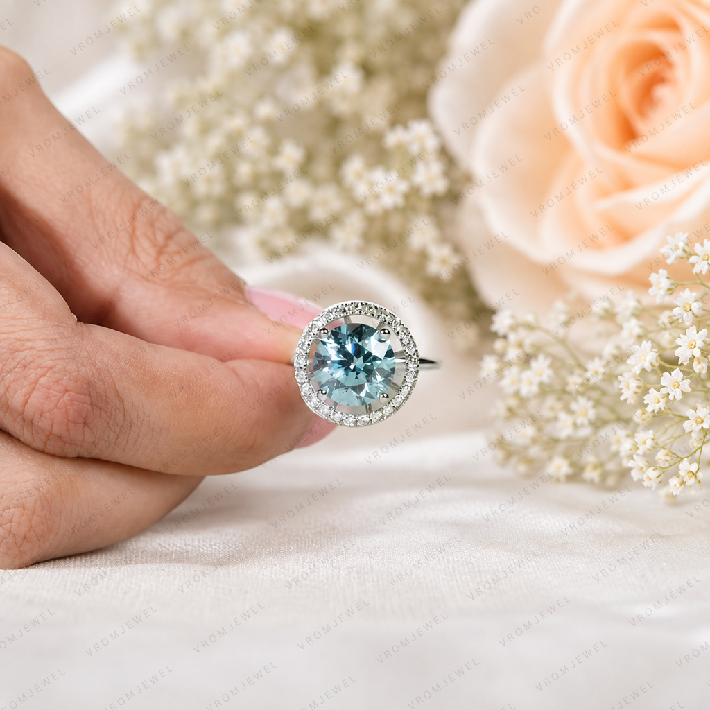 Blue Round Lab Grown Diamond Ring, 5 Carat Blue Diamond Engagement Ring, Round Cut Halo Ring, Pavé Diamond Halo, Unique Statement Ring
