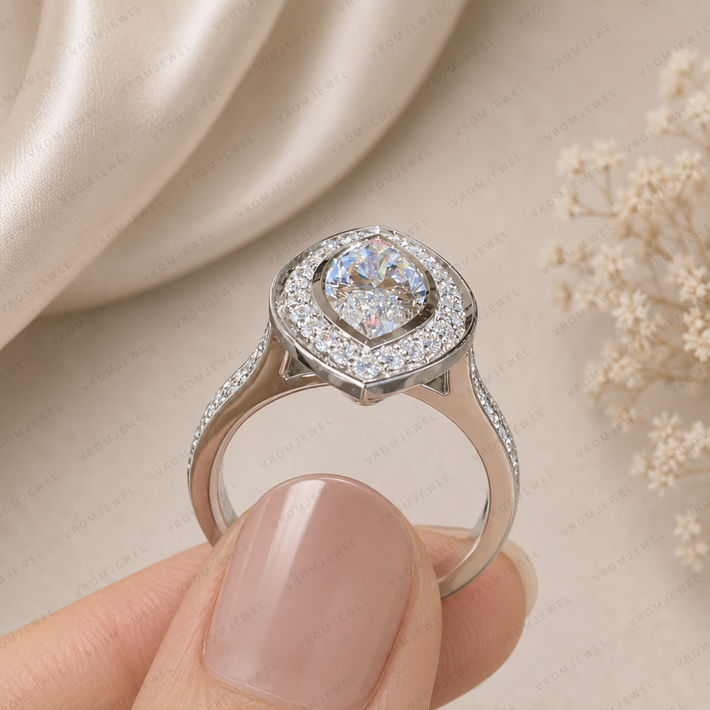 Elegant Marquise Lab Grown Diamond Bezel Set Halo Engagement Ring