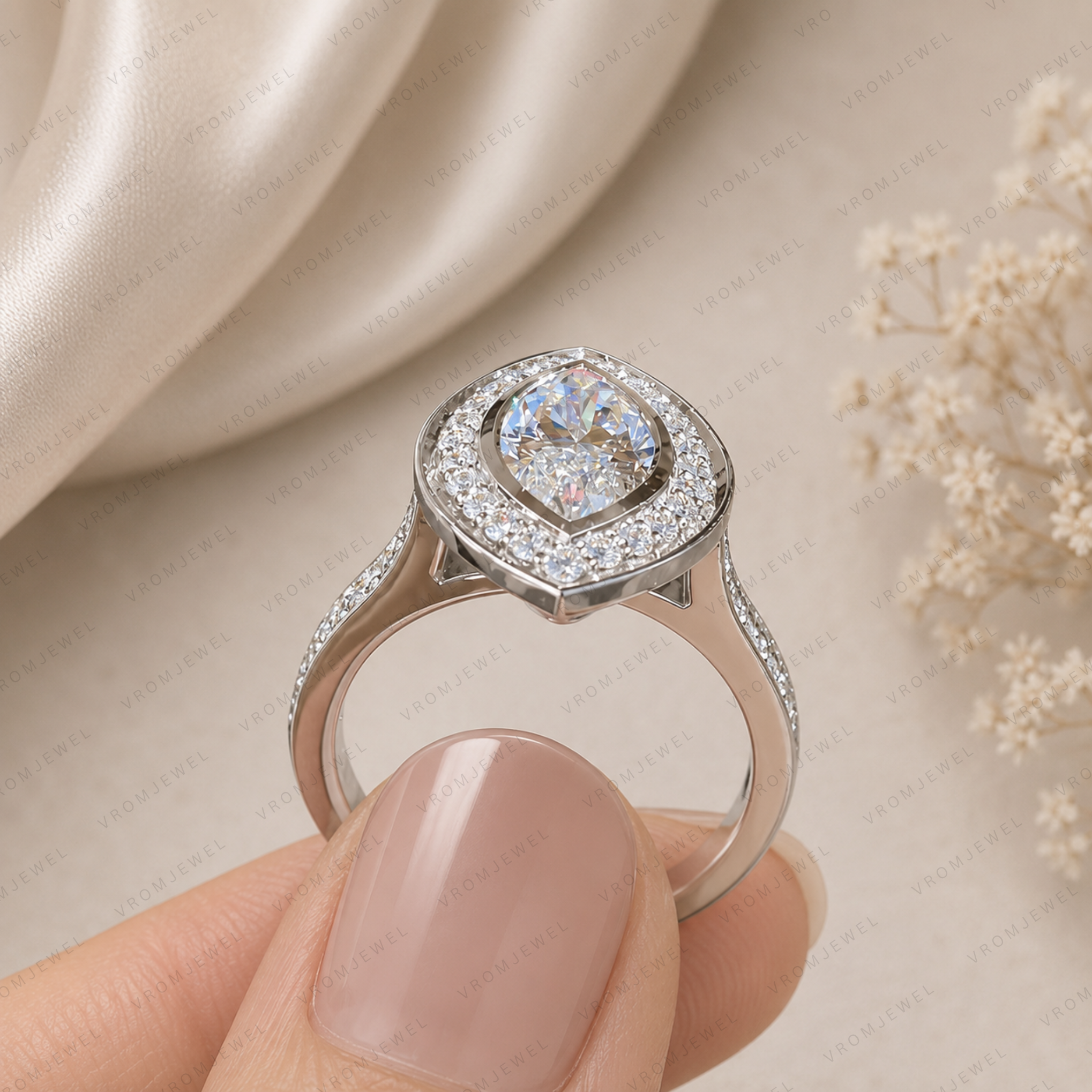 Elegant Marquise Lab Grown Diamond Bezel Set Halo Engagement Ring
