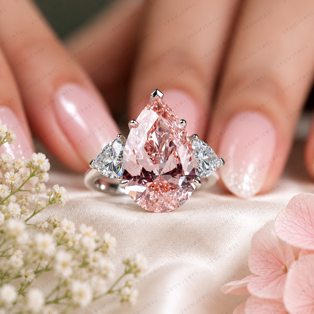 10 Carat Pink Pear Lab Grown Diamond Engagement Ring, Triangle Diamond Accents, Pink Pear Shape Ring, Statement Bridal Ring