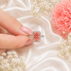 Pink Radiant Cut Lab Grown Diamond Engagement Ring, Halo Diamond Ring, Pink Diamond Ring, Pavé Band, 4 Prong Setting, 10K 14K 18K Gold