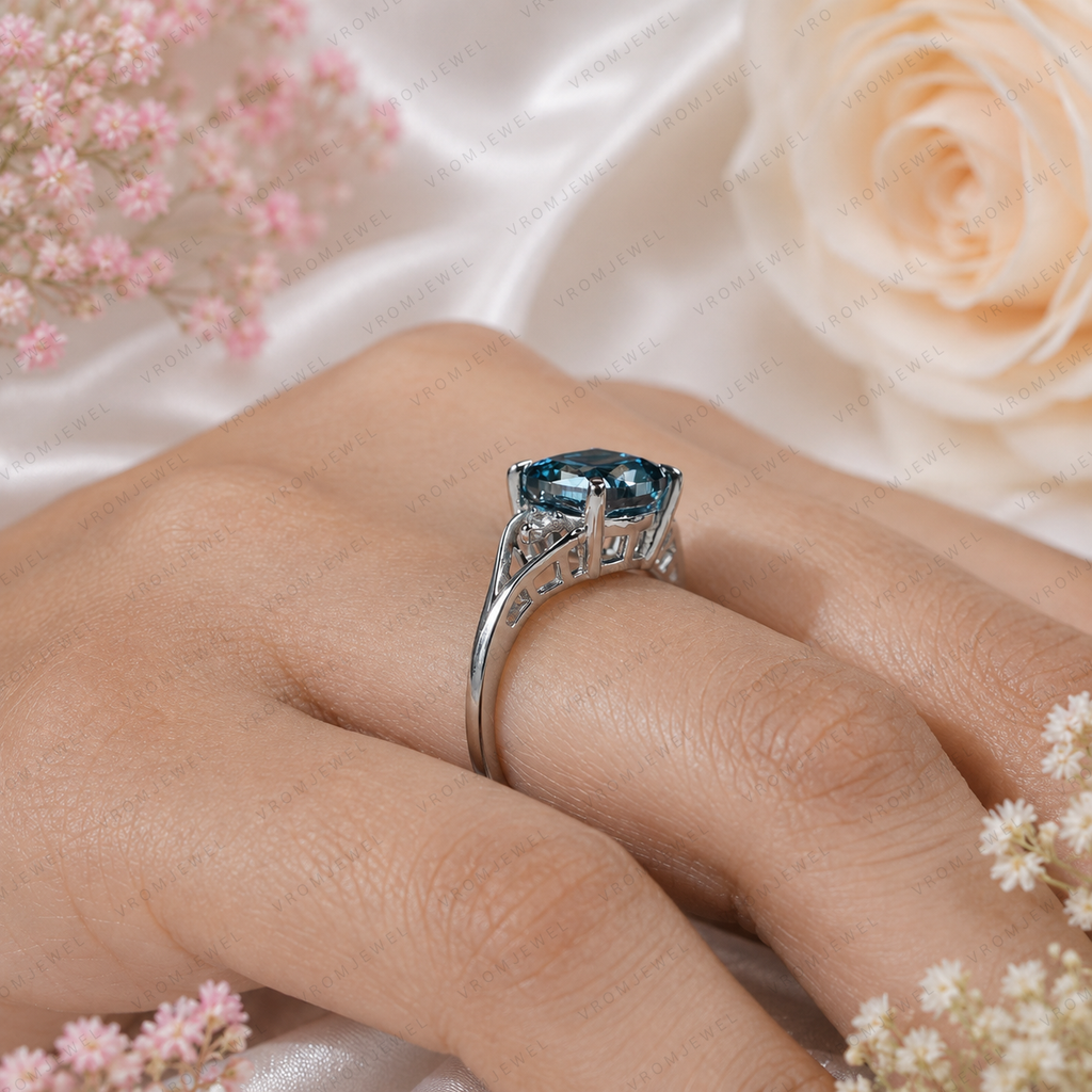 Blue Cushion Cut Lab Grown Diamond Ring, 3 Carat Blue Diamond Engagement Ring, Round Diamond Accents, Unique Statement Ring, 10K 14K 18KGold