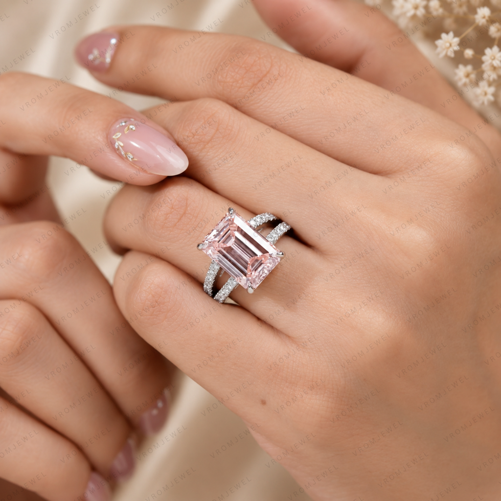 Pink Emerald Cut Lab Grown Diamond Engagement Ring, Split Shank Diamond Ring, Pink Diamond Ring, Pavé Setting, 10K 14K 18K Gold