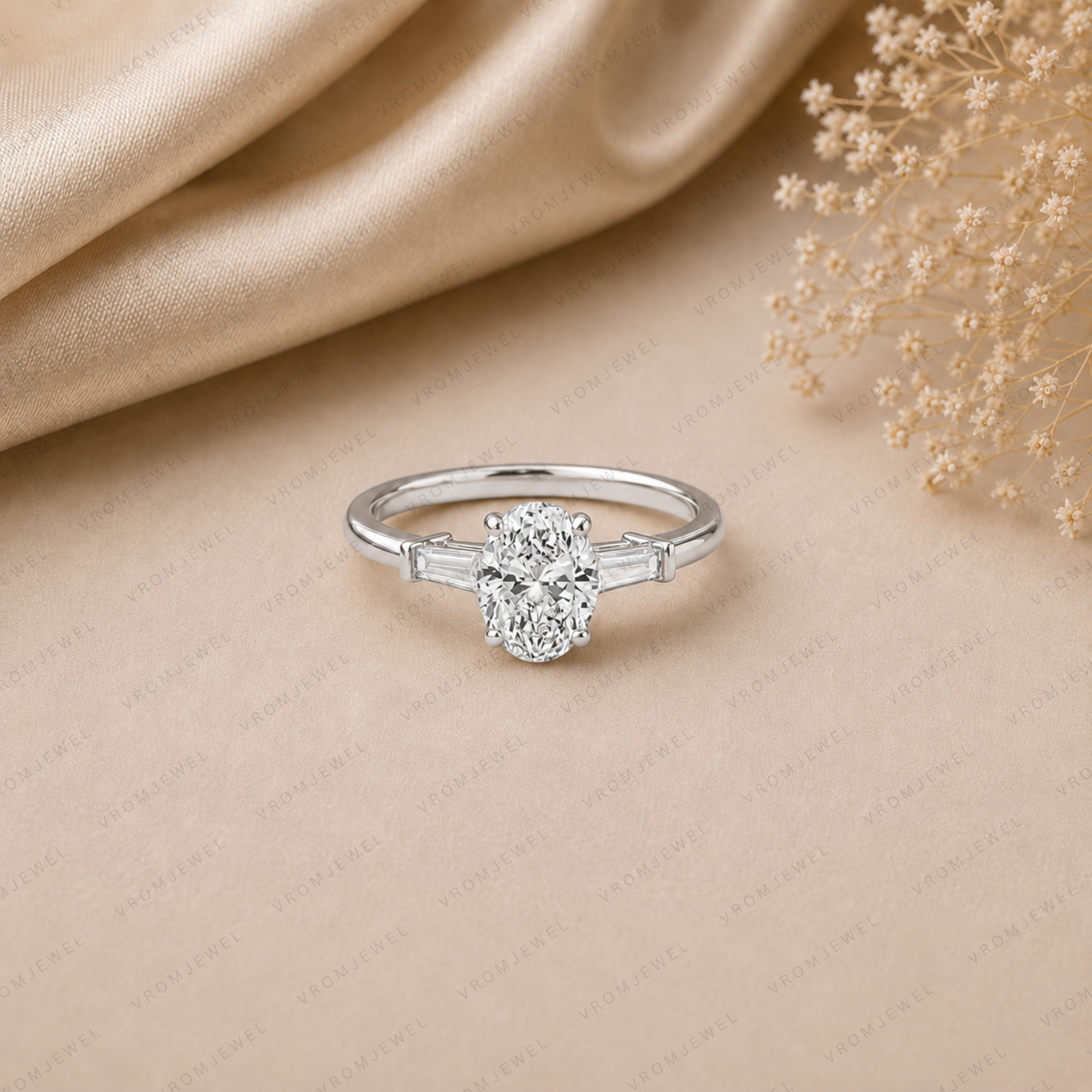 Oval Engagement Ring | Lab Grown Diamond | Tapered Baguette Side Stones | 14K Yellow Gold